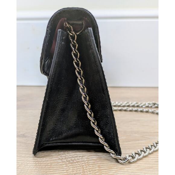 Preston & York Black Leather Shoulder Evening Bag Silver Chain Strap Structured - Picture 6 of 13